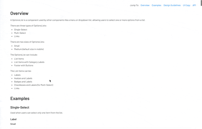 Options List component in Storybook