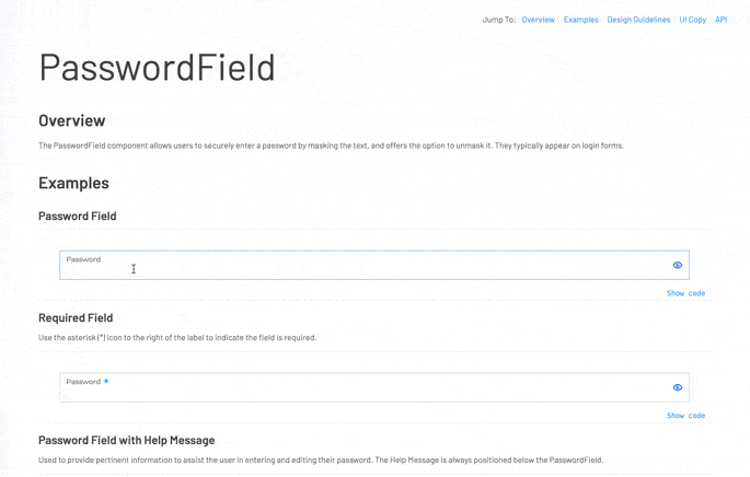 Password Field component in Storybook