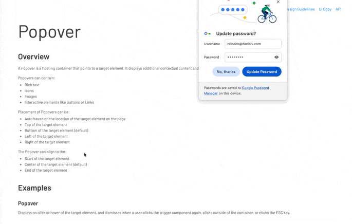 Popover component in Storybook