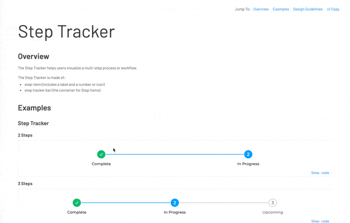 Step Tracker component in Storybook