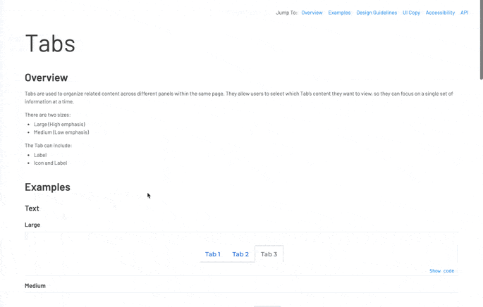 Tabs component in Storybook
