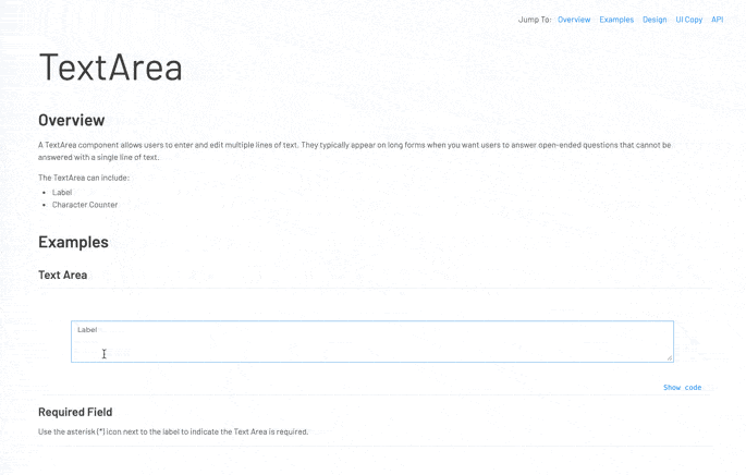 Text Area component in Storybook
