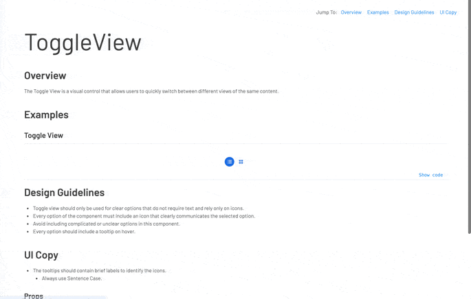 Toggle View component in Storybook