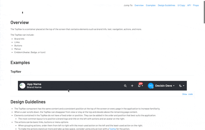 Top Nav component in Storybook
