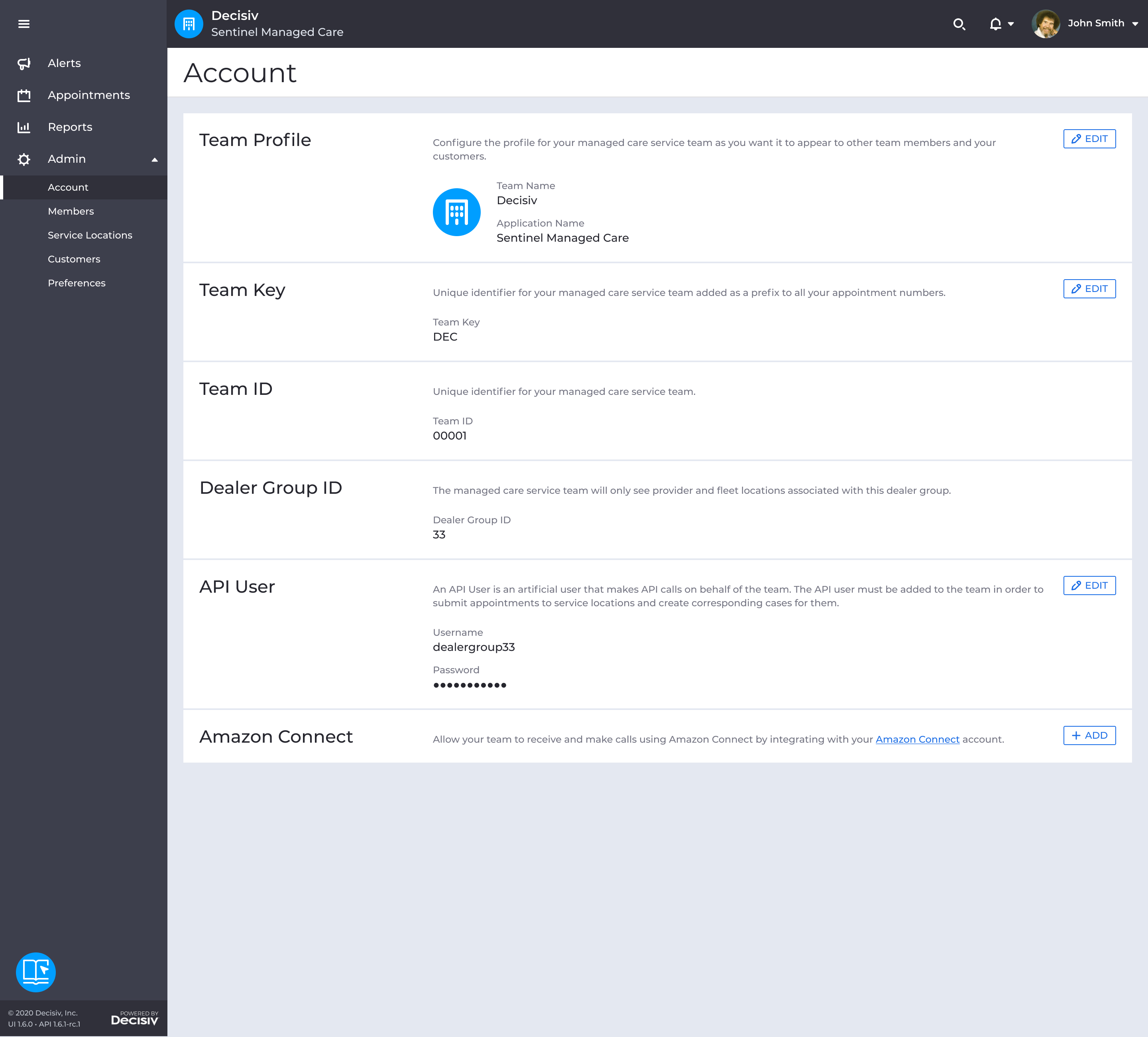 Admin account page