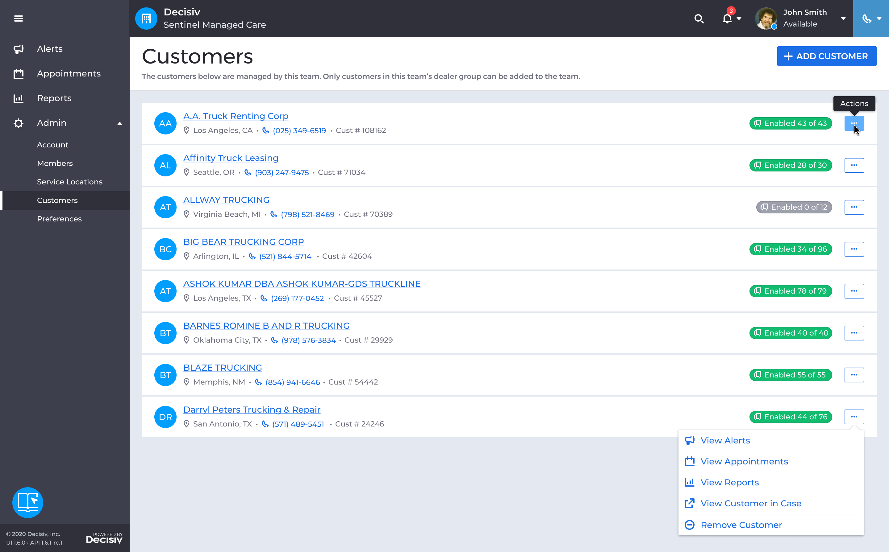 Admin customers page