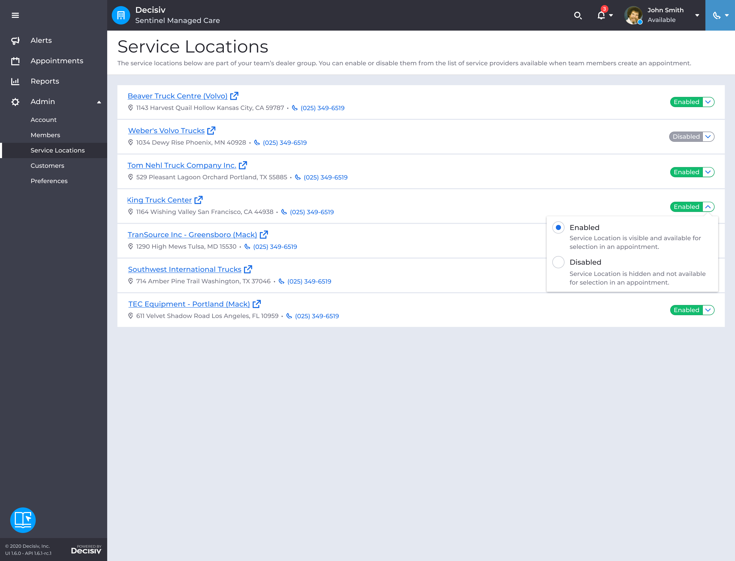 Admin service locations page