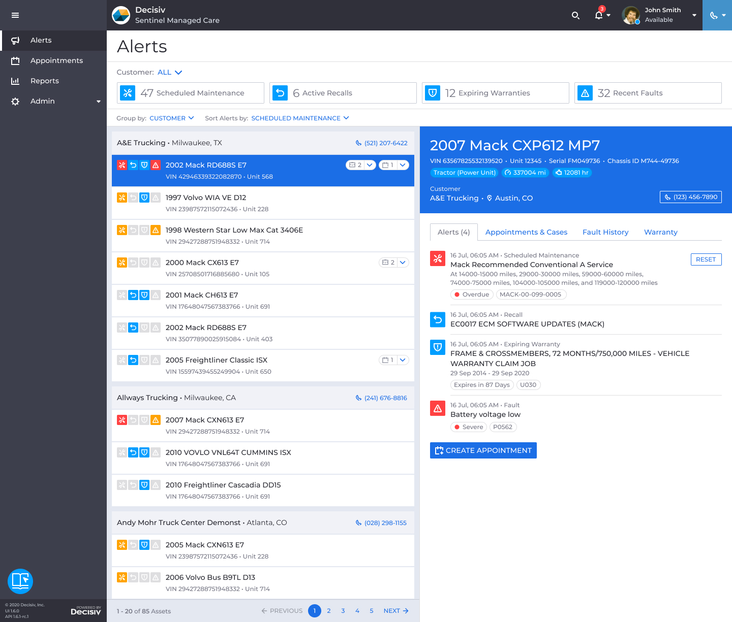Asset detail panel with four tabs opening on the right side