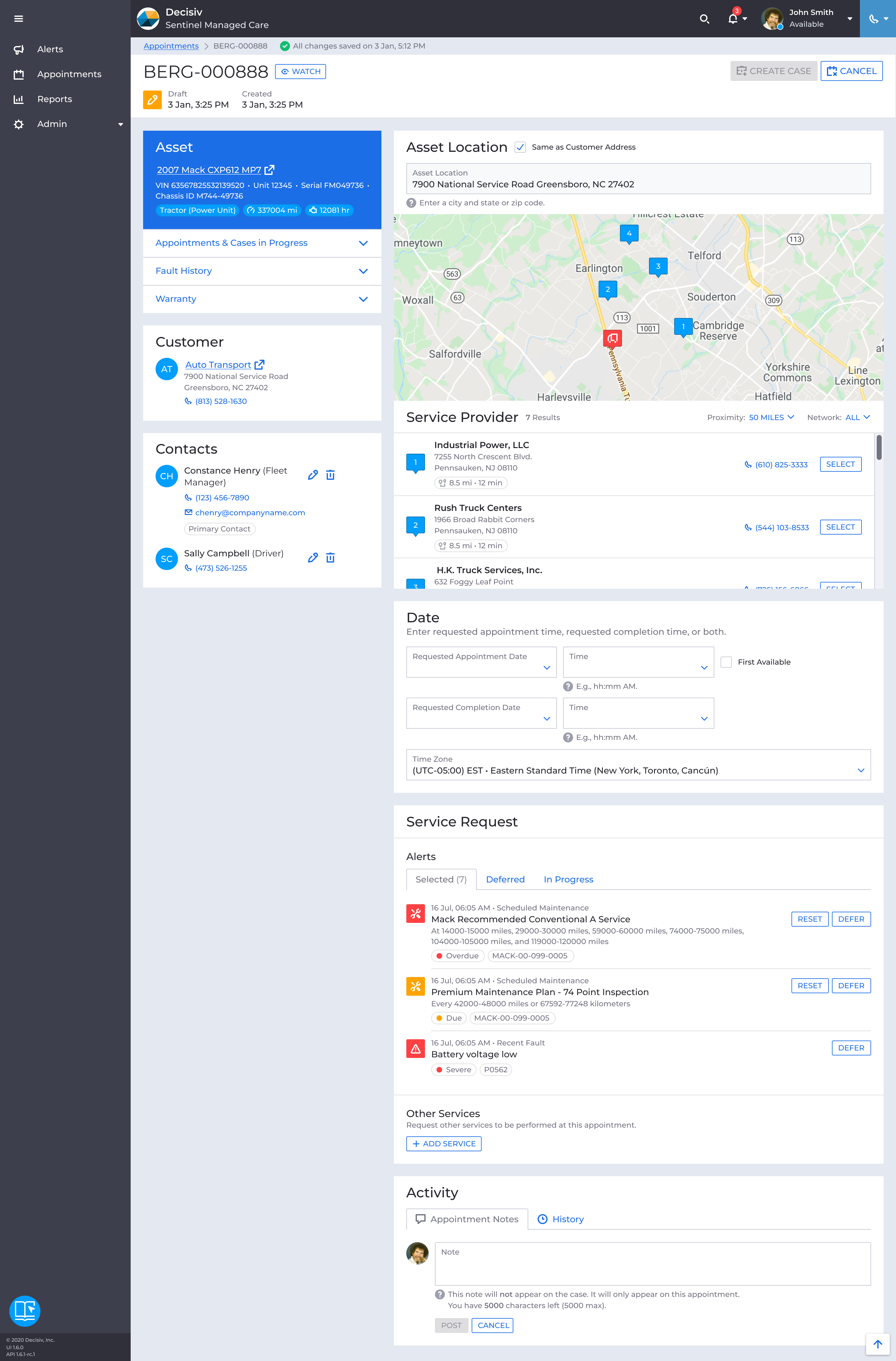 Appointment creation flow showing asset, service provider selection, and alert inclusion