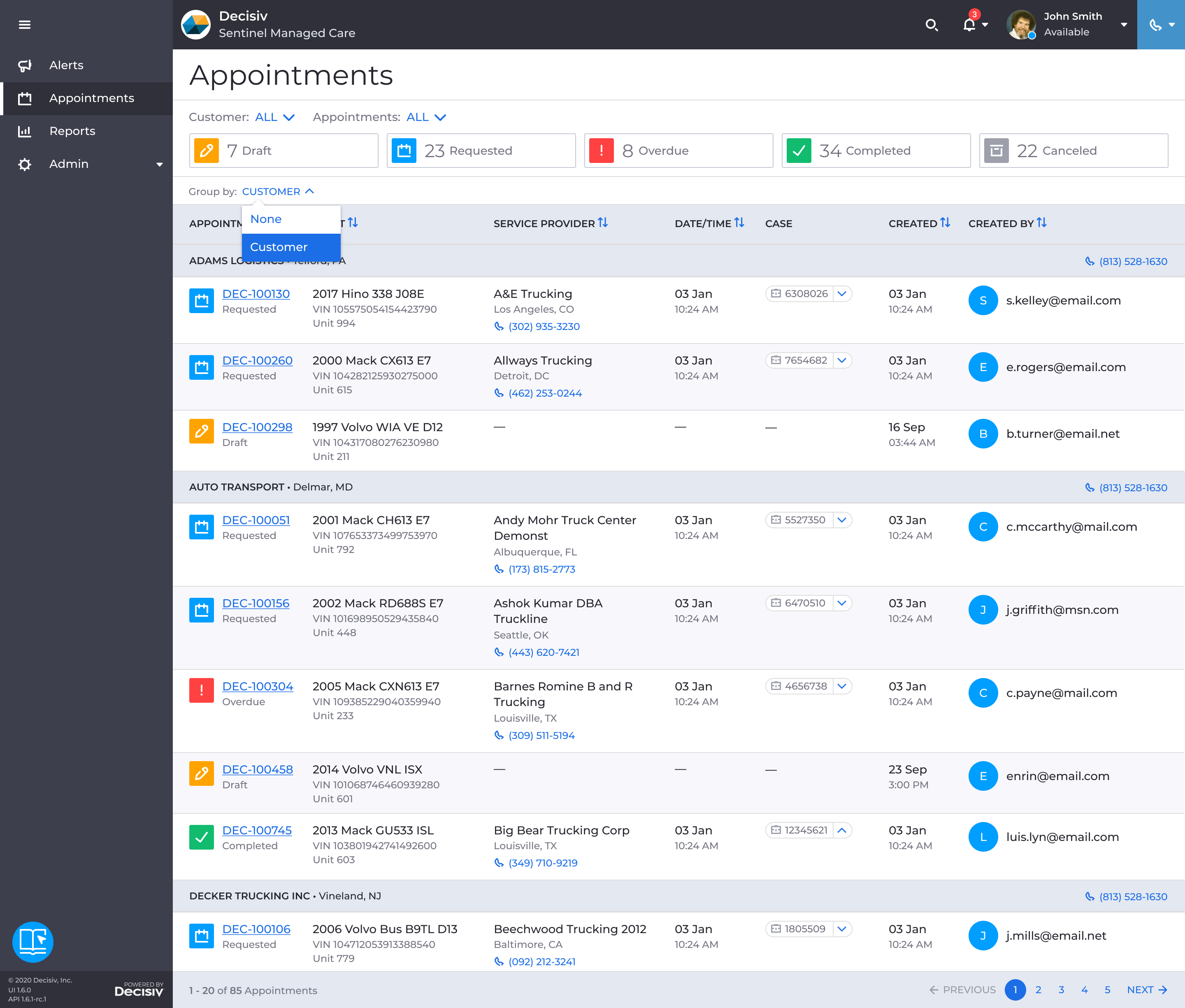 Appointments list showing all scheduled and in-progress appointments across the portfolio