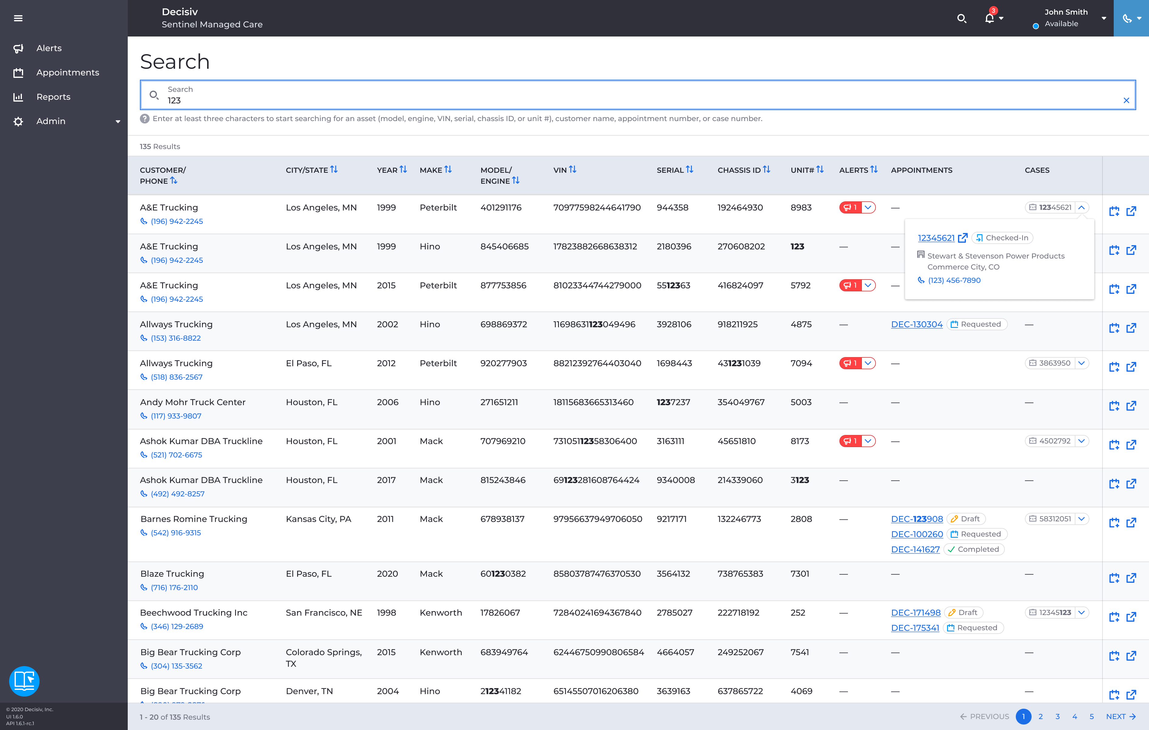 Search page showing asset lookup results with profile details and active alerts