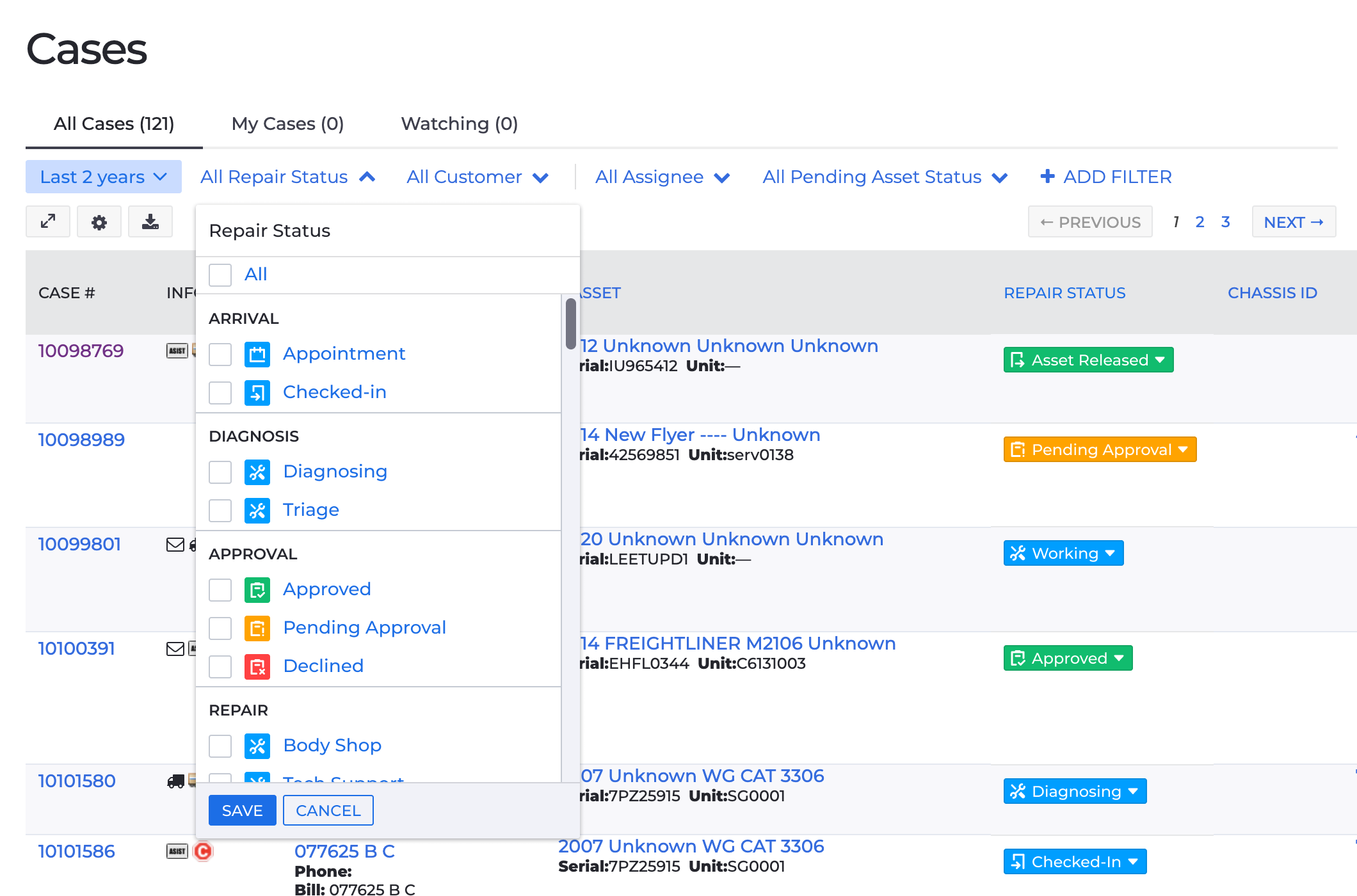 All-cases page after the introduction of the status tag