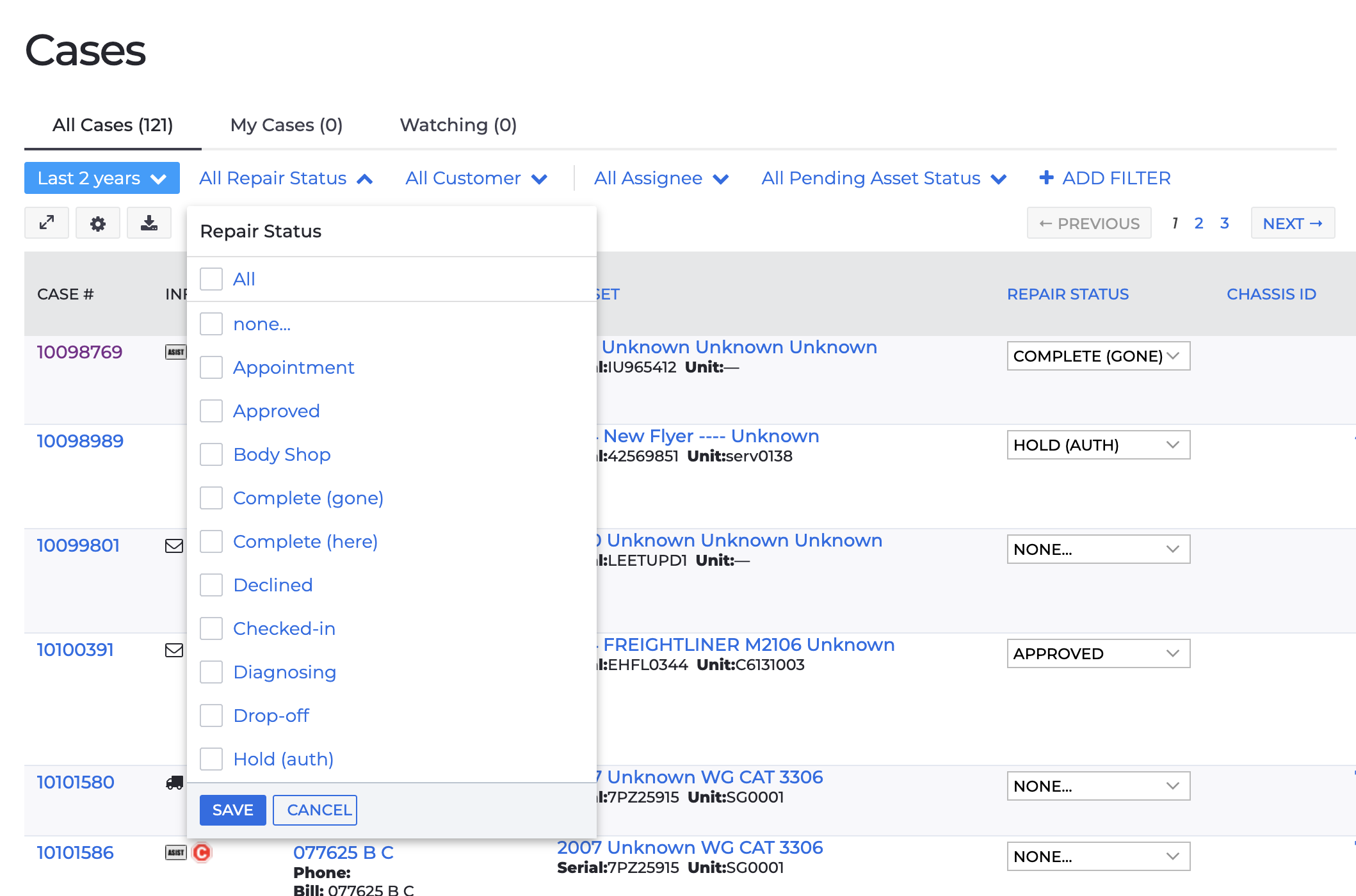 All-cases page before the status tag
