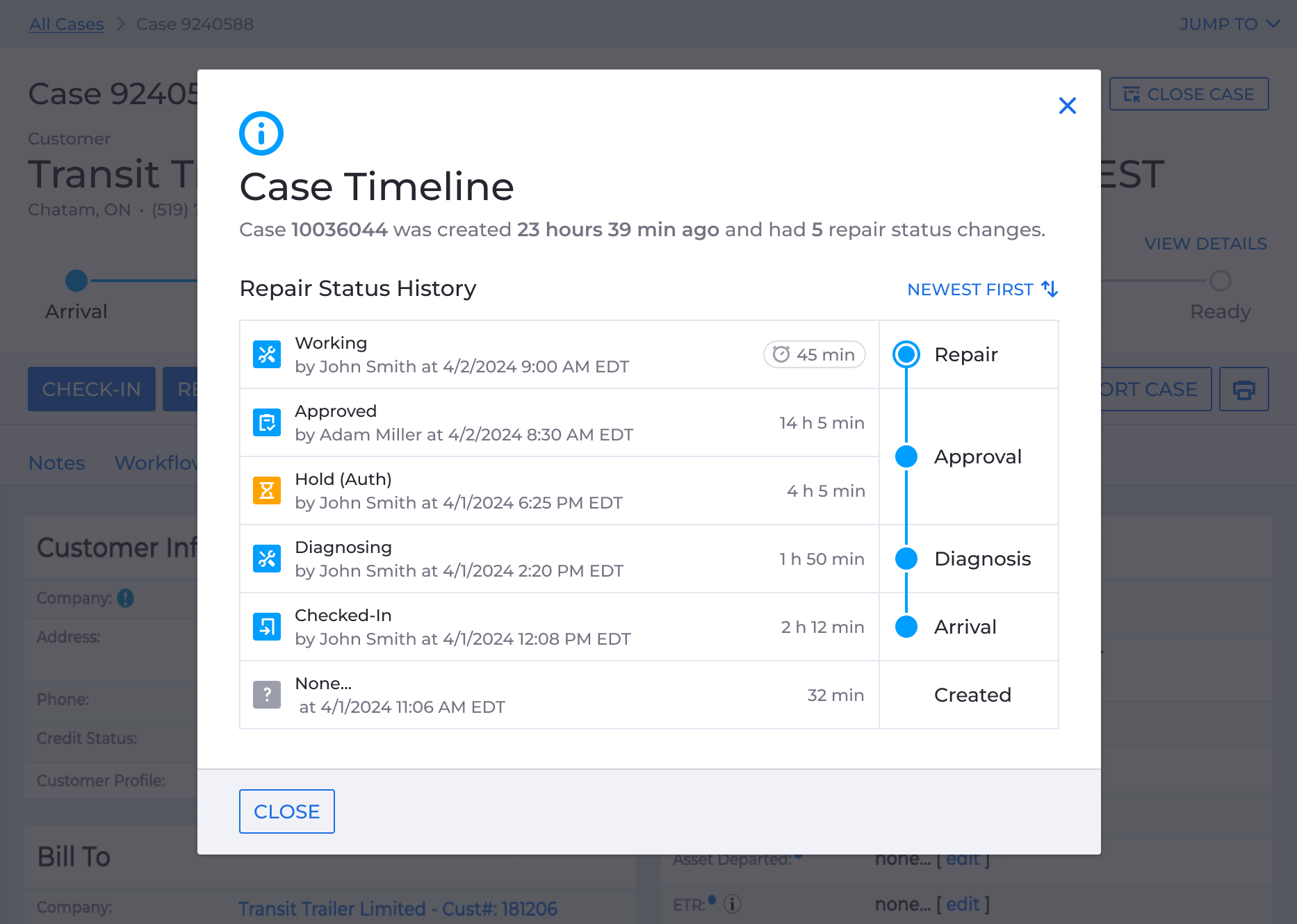 Modal showing the full status history for a stage