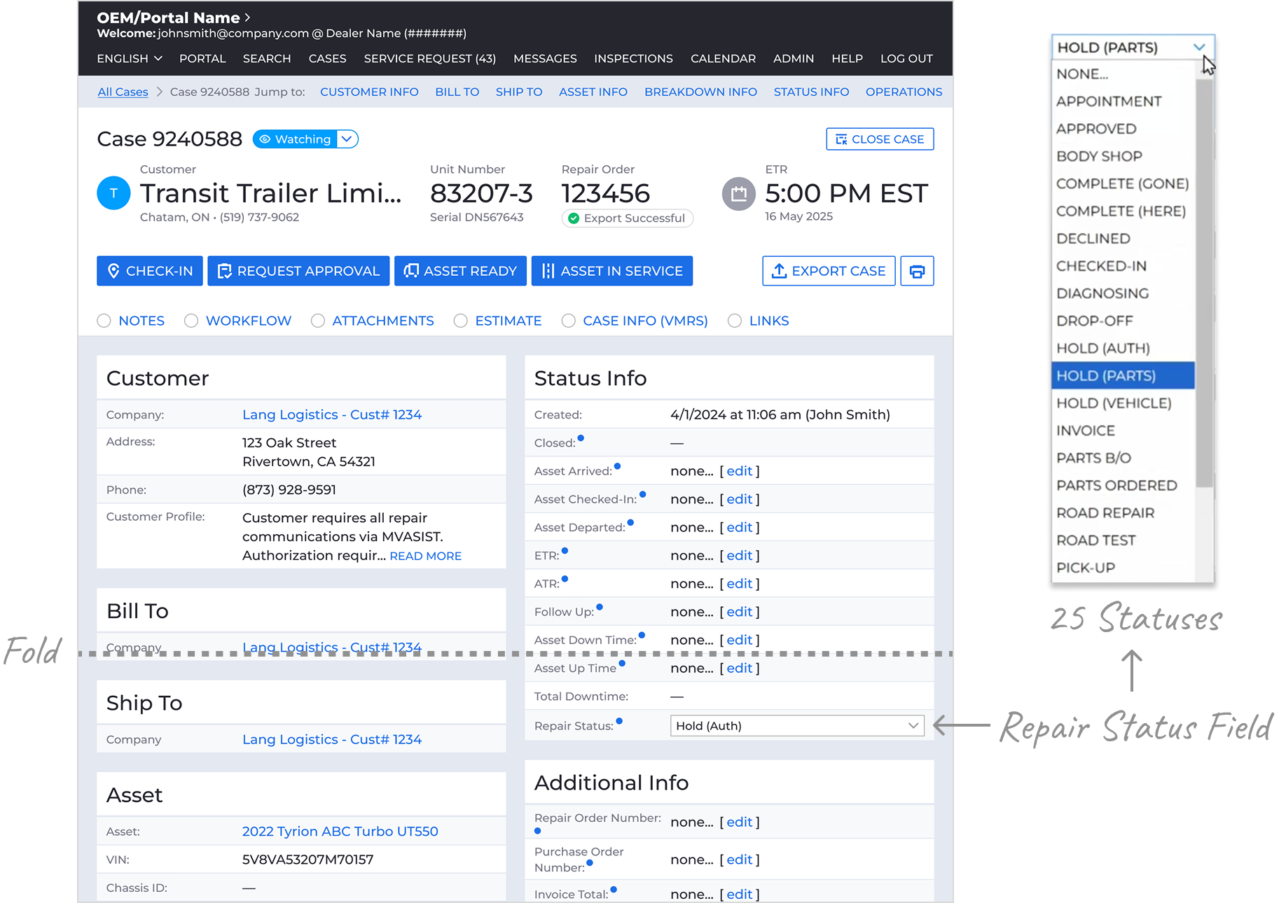 Repair status visibility is low and status selection lacks context