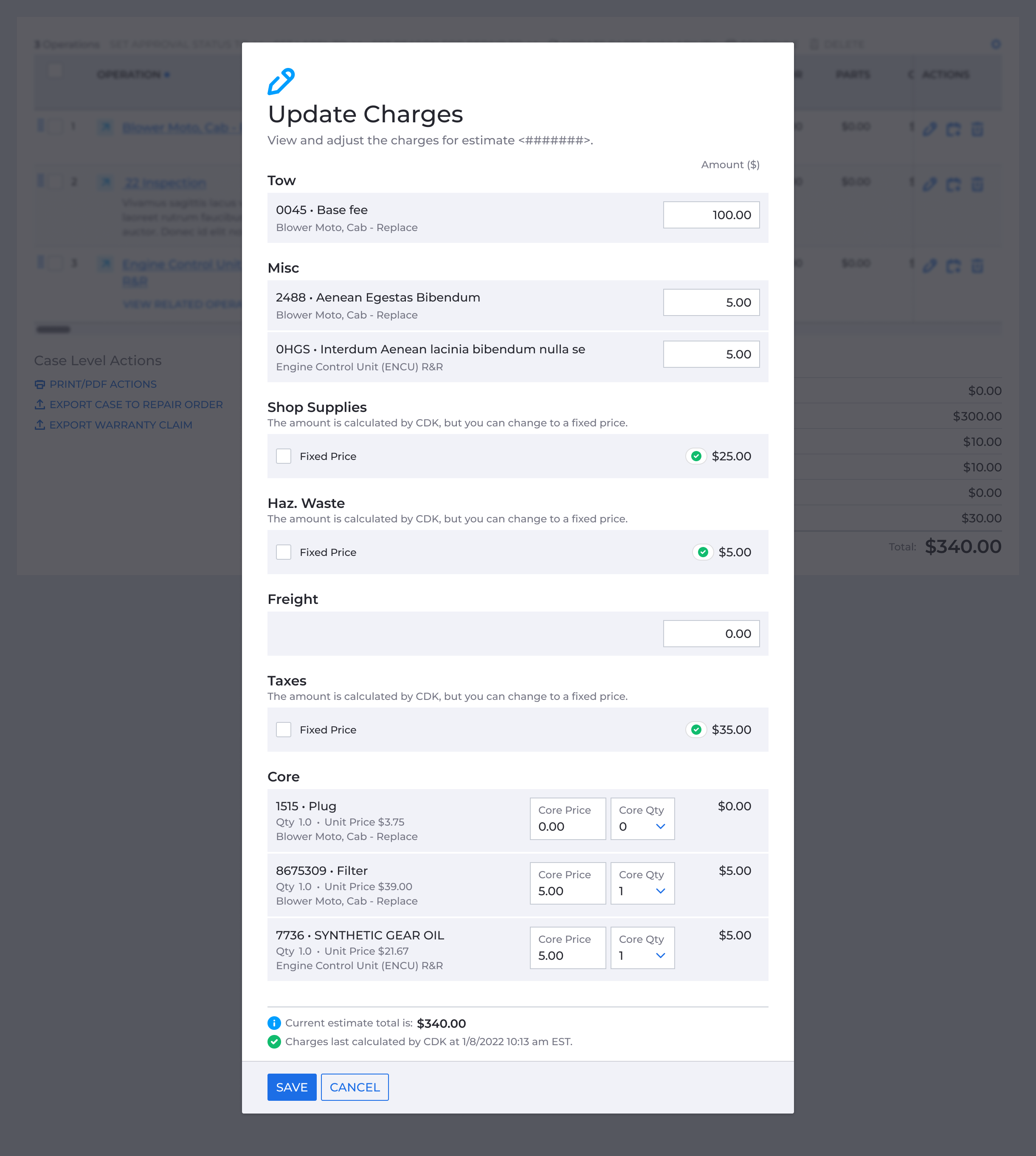 Update Charges modal with additional charge categories