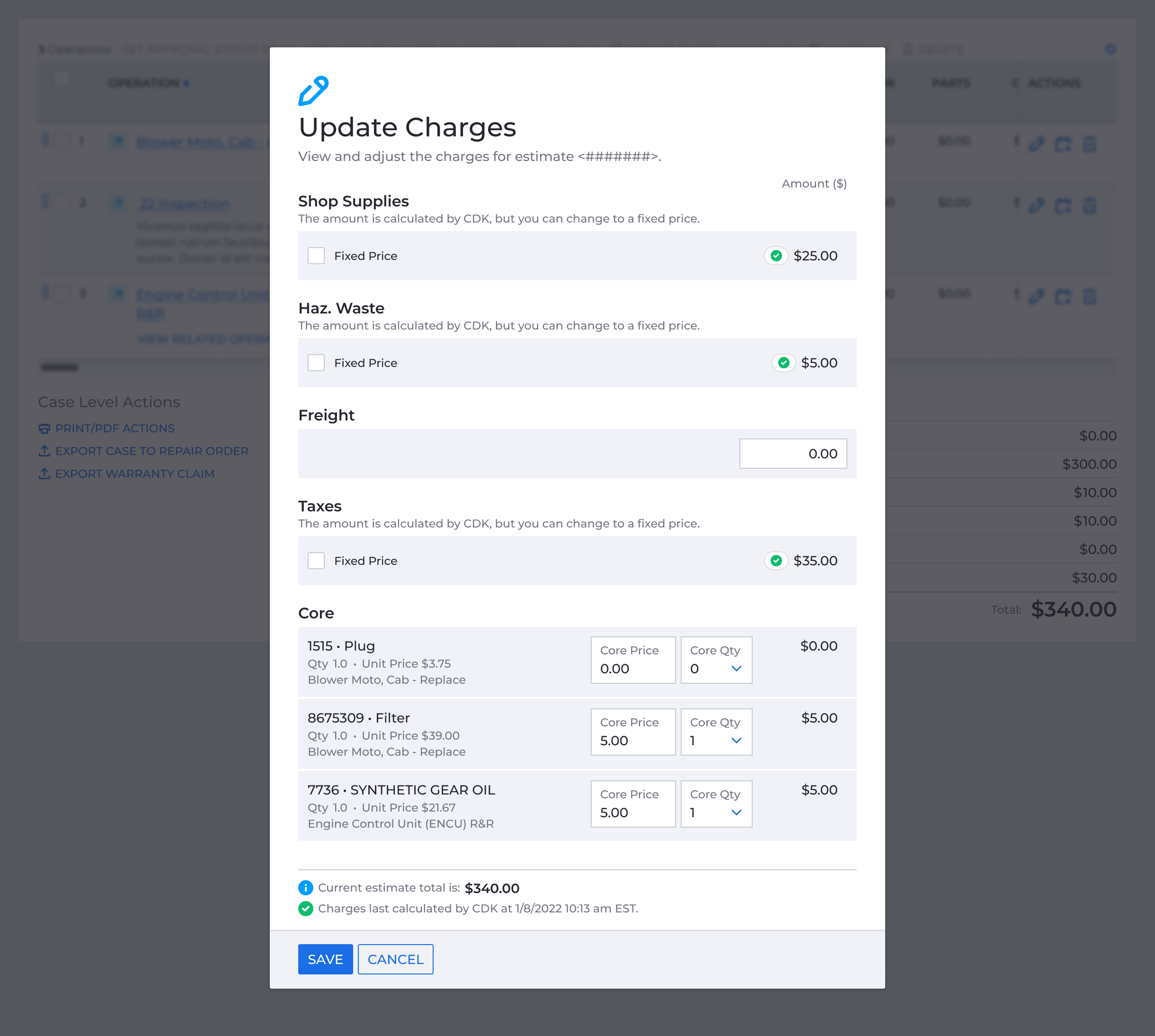 Update Charges modal with core charges