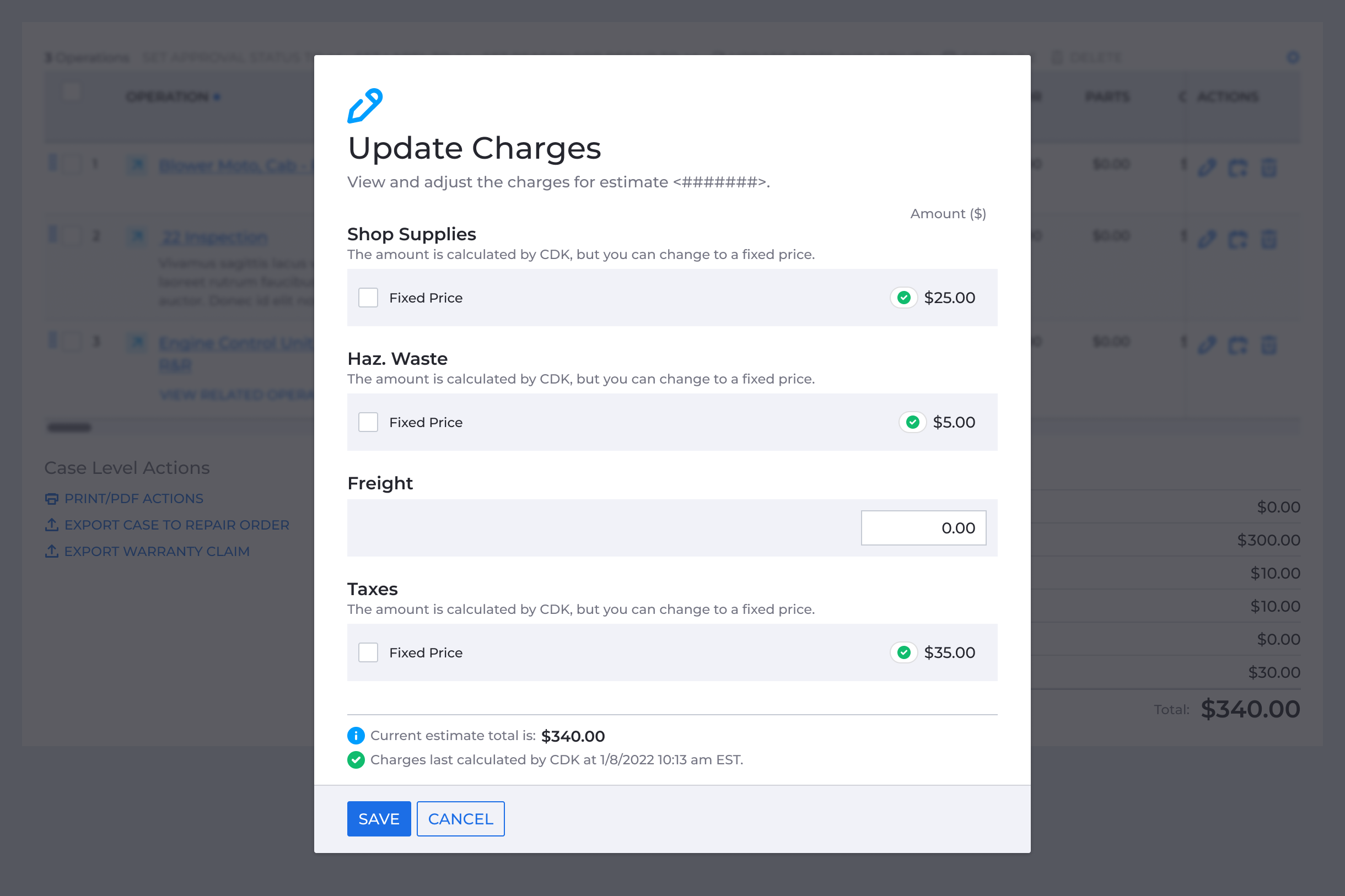 Update Charges modal showing default charge categories