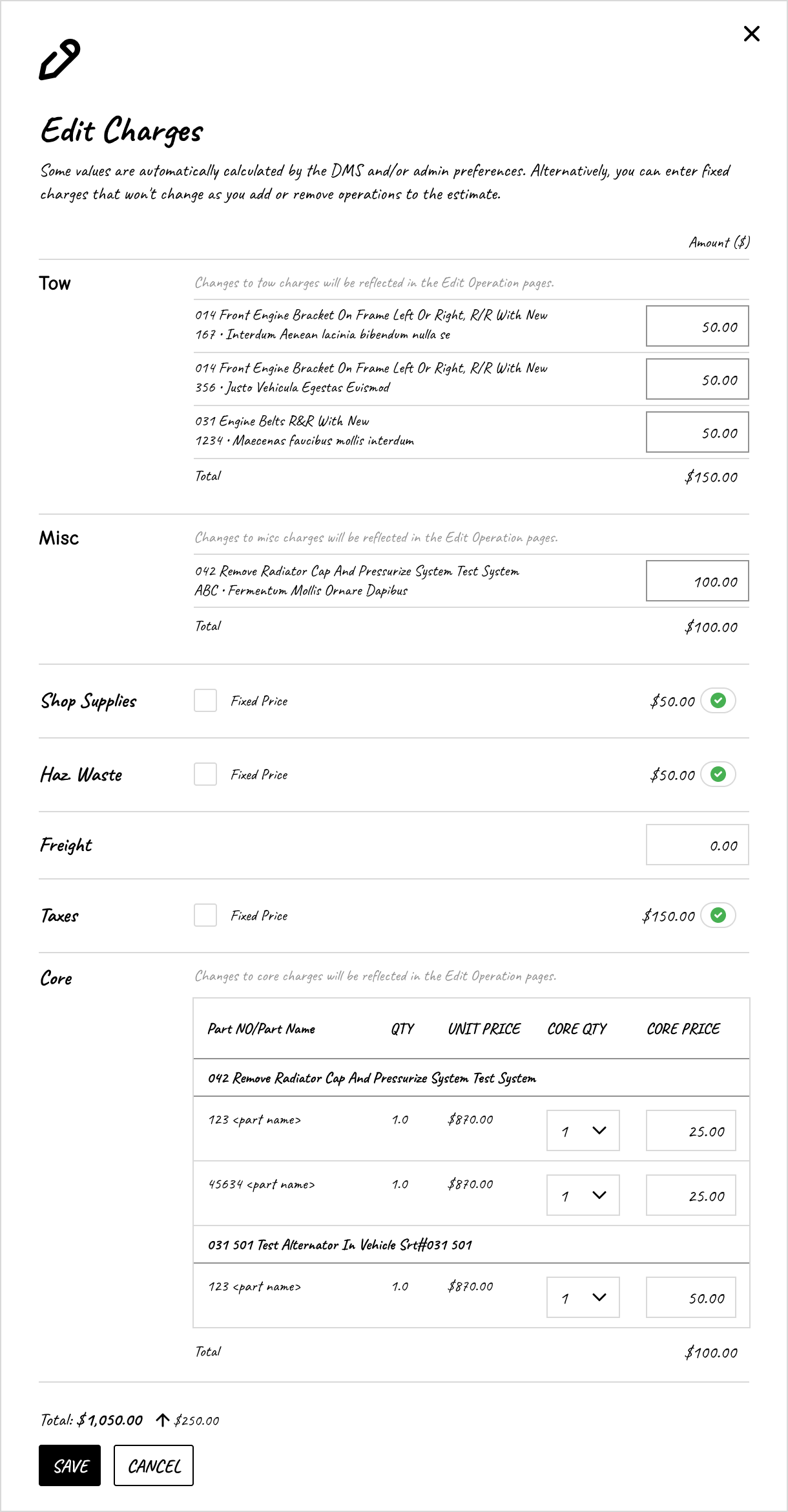 Wireframe showing additional charge categories in the modal
