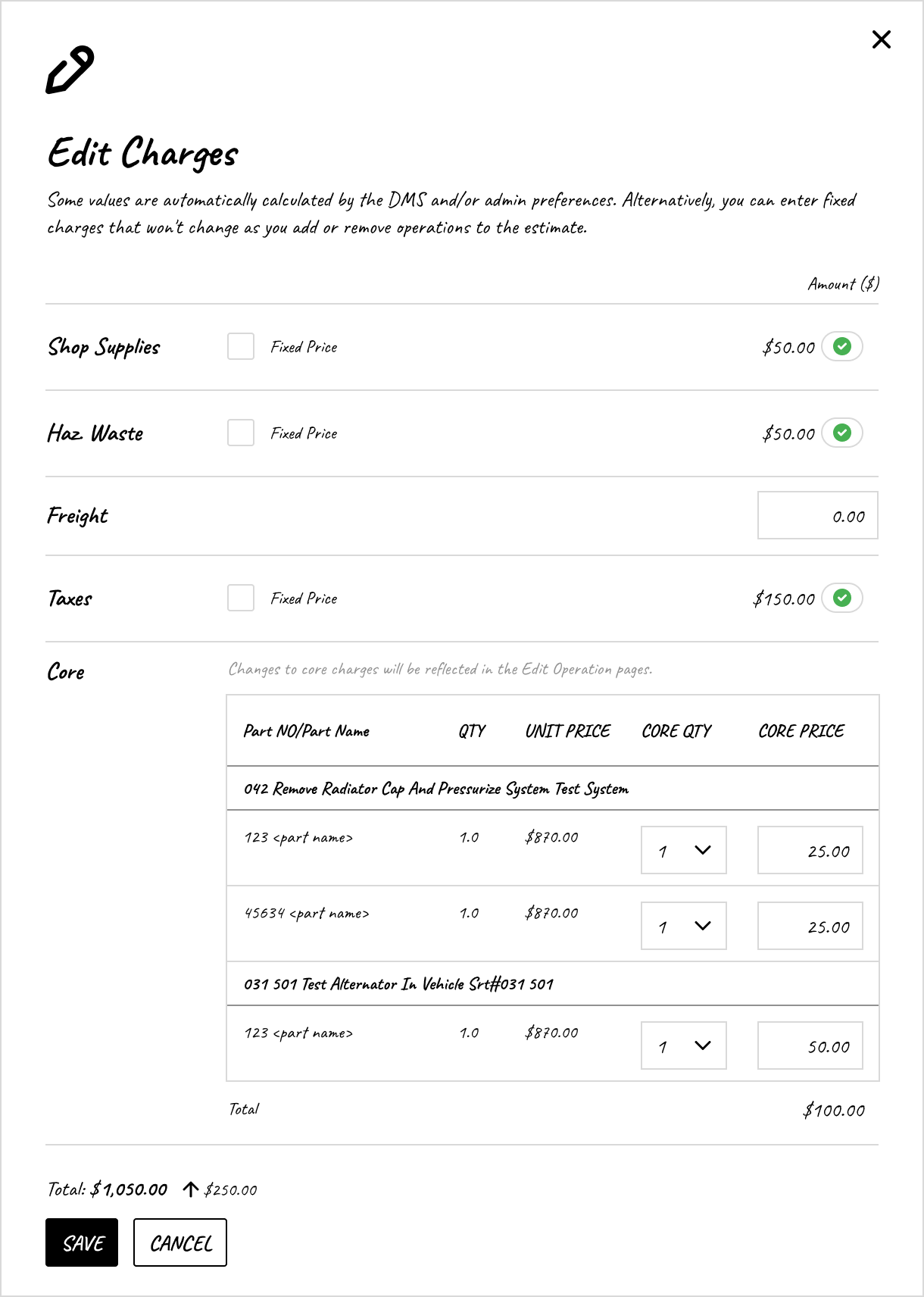Wireframe showing core charges in the modal