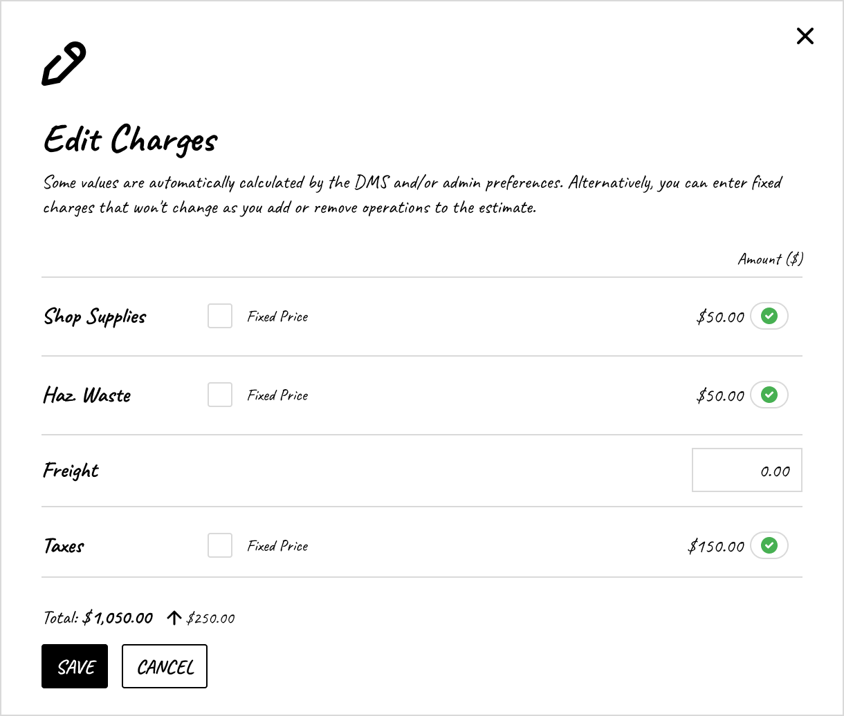 Wireframe of the Update Charges modal, showing different charge types