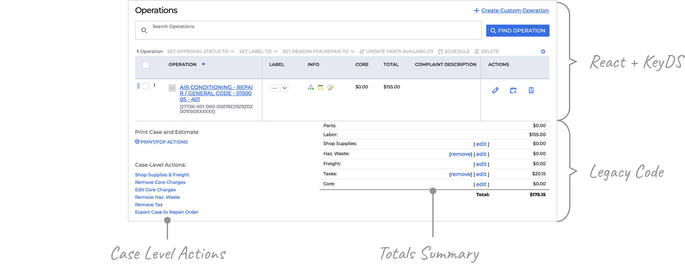 The same charge type could behave four different ways: calculated from Decisiv settings, imported from a dealer system, set to a fixed manual override, or unavailable based on case state.