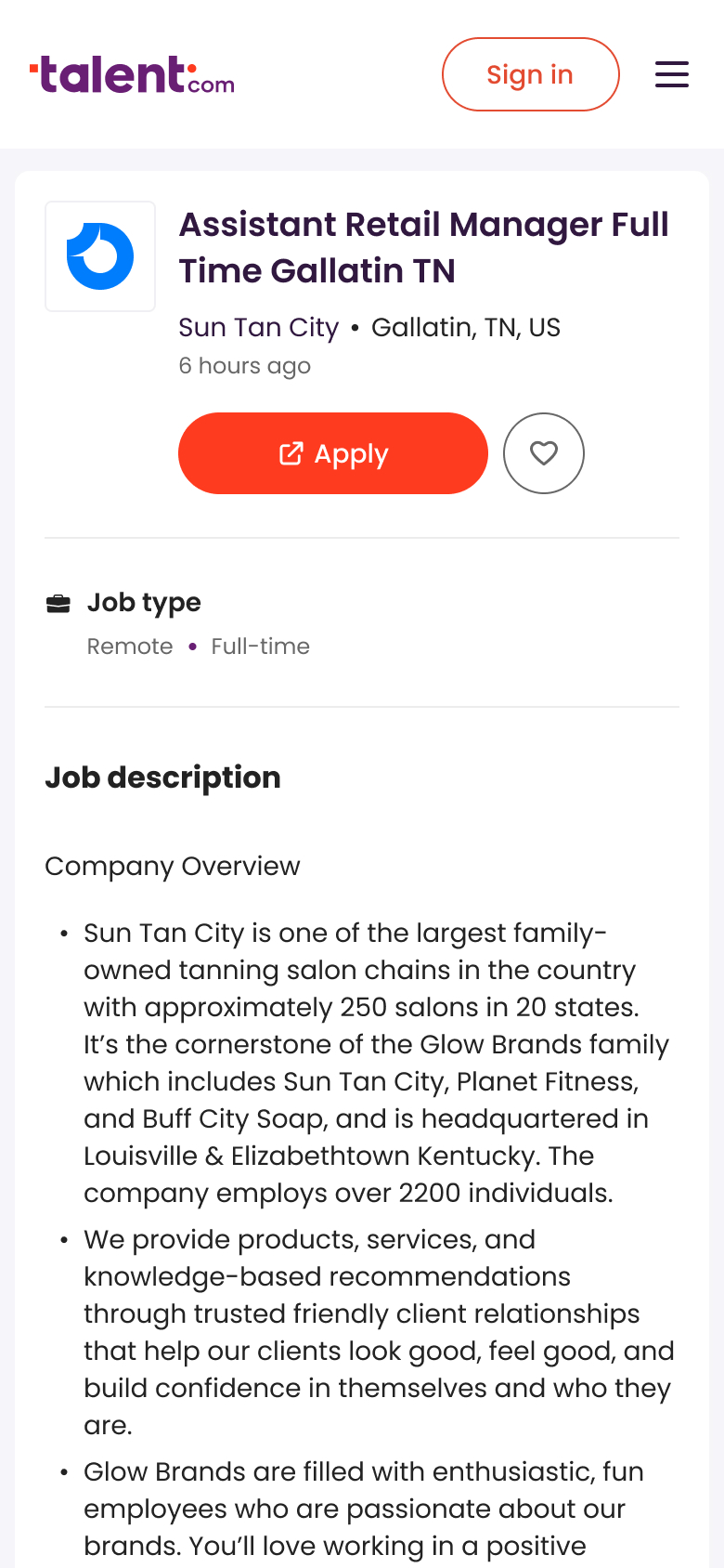 Original mobile job description page